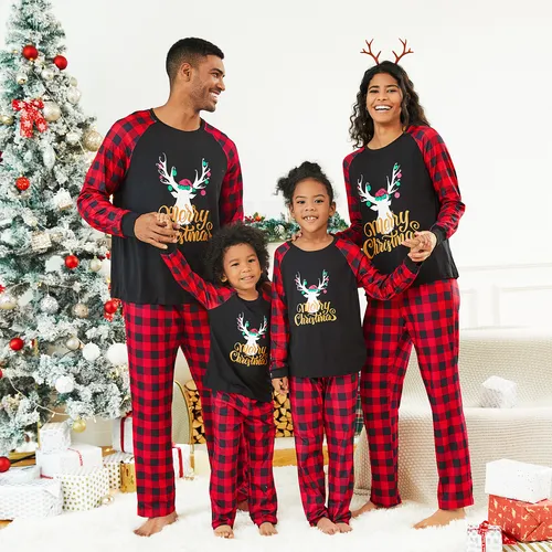 Merry Christmas Letter Antler Print Plaid Splice Matching Pajamas Sets for Family (Flame Resistant)