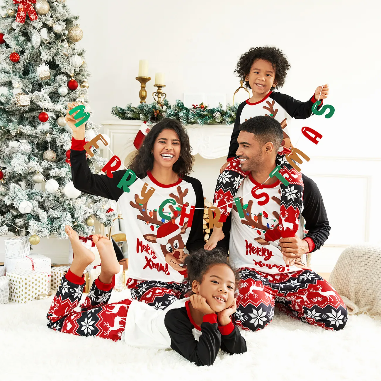 Noël Look Familial Manches longues Tenues de famille assorties Pyjamas (Flame Resistant) Noir big image 1