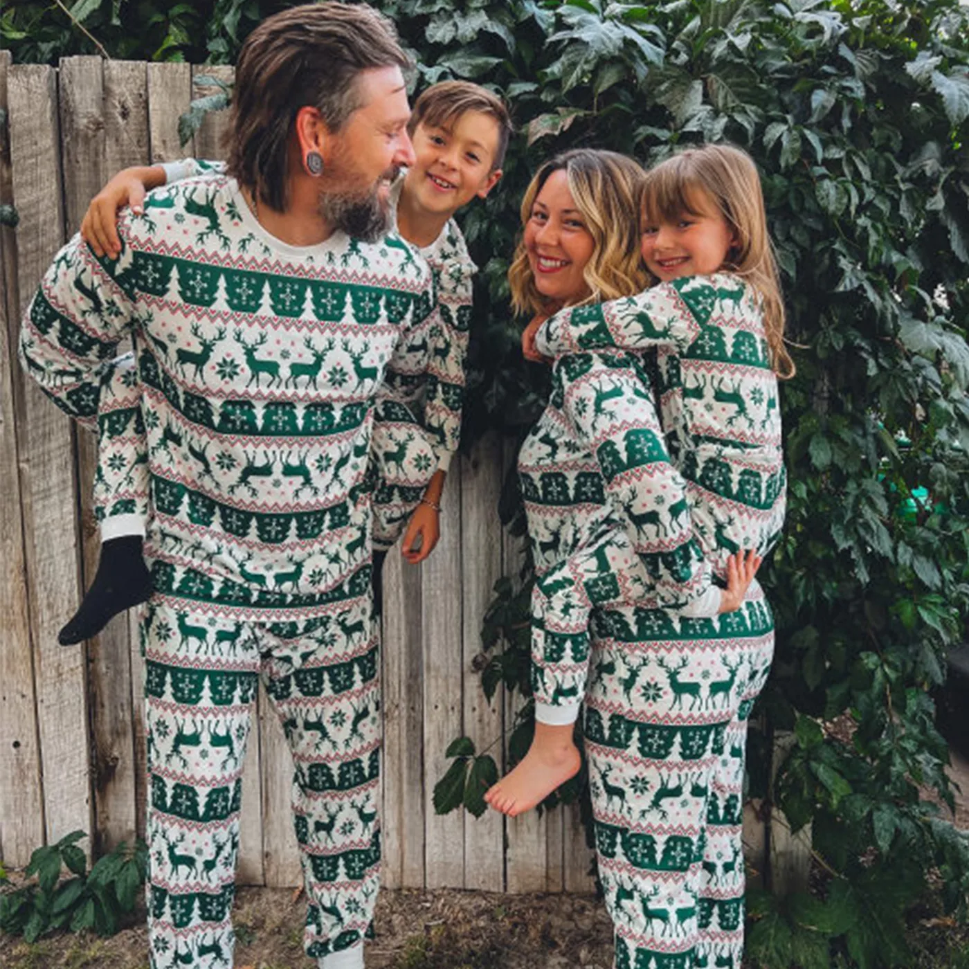 Christmas Family Matching Allover Reindeers Print Long-sleeve Green Pajamas Sets (Flame Resistant) Green image 3