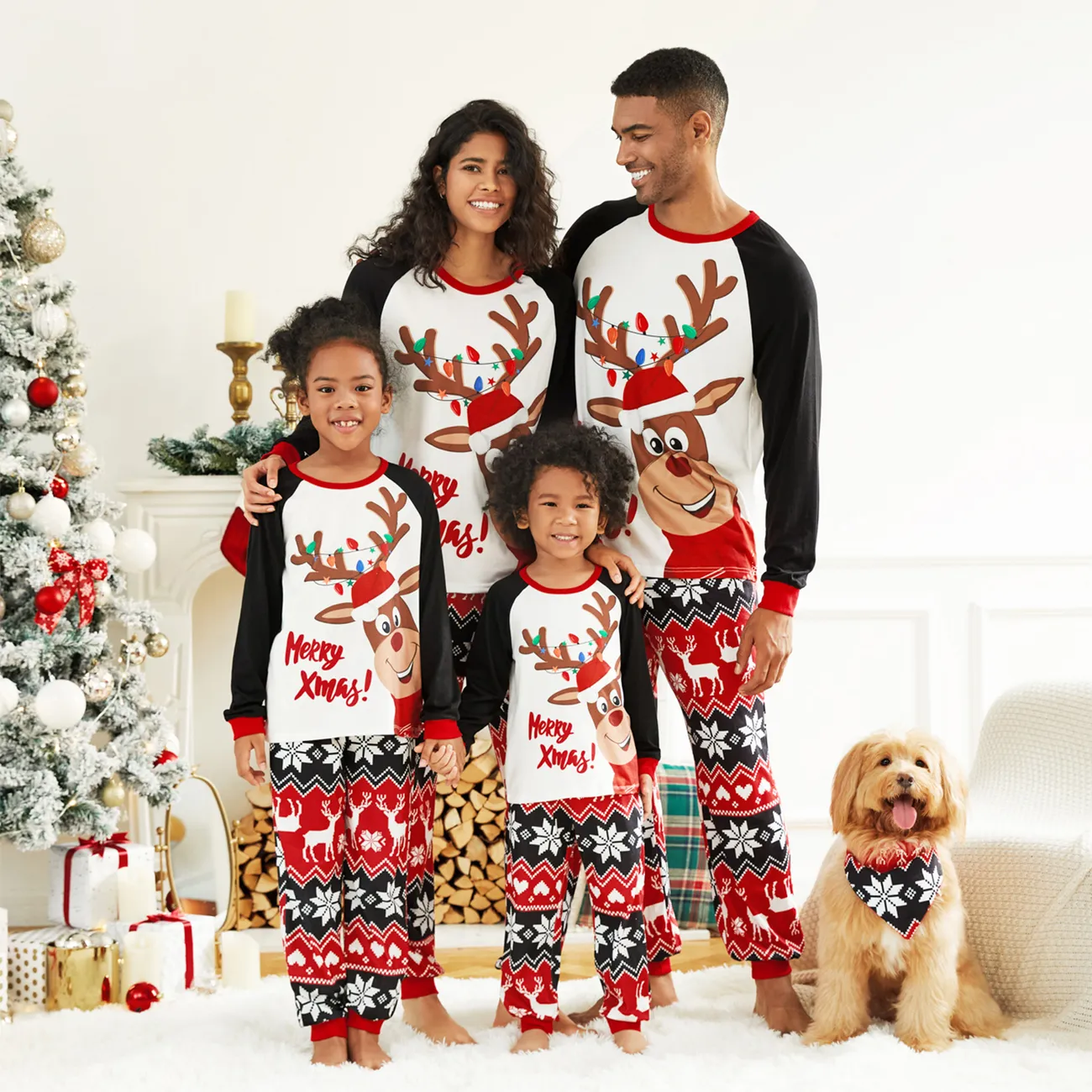 Christmas Family Pajamas Matching Set with Monogrammed Snowflake Fawns