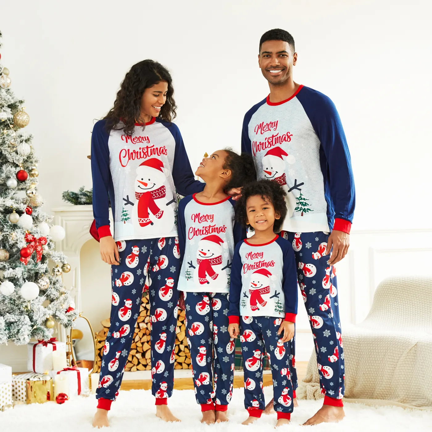 Bonhomme De Neige De Noël Et Lettre Imprimé Famille Ensembles De Pyjamas à Manches Raglan Assortis (ignifuges)