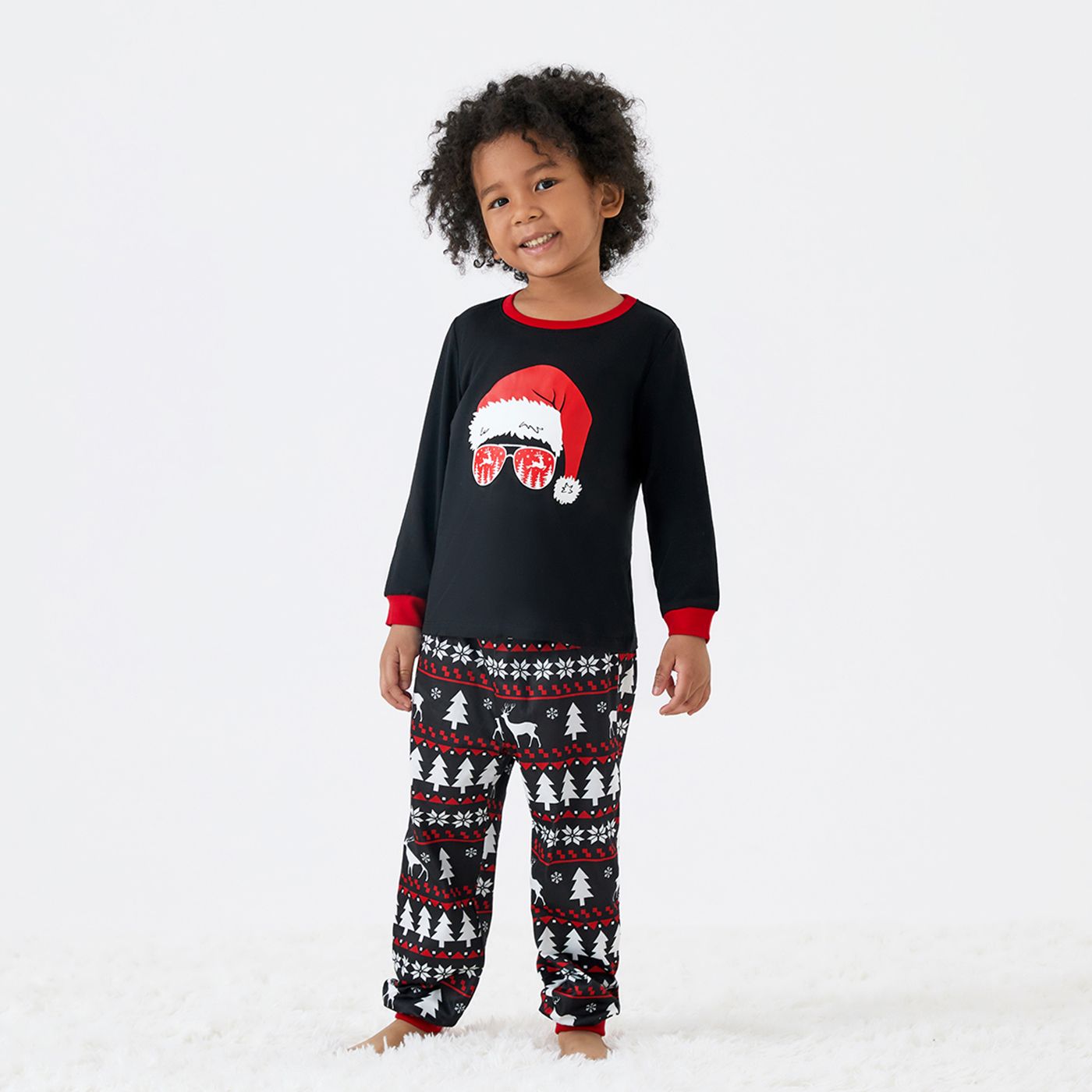Christmas Family Matching Santa hats and Reindeers Print Long-sleeve Pajamas Sets (Flame Resistant)