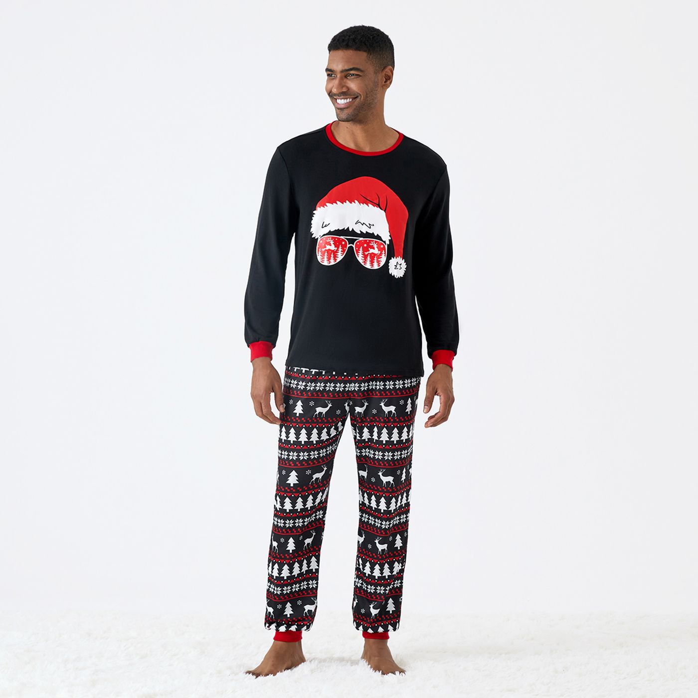 Christmas Family Matching Santa Hats And Reindeers Print Long-sleeve Pajamas Sets (Flame Resistant)