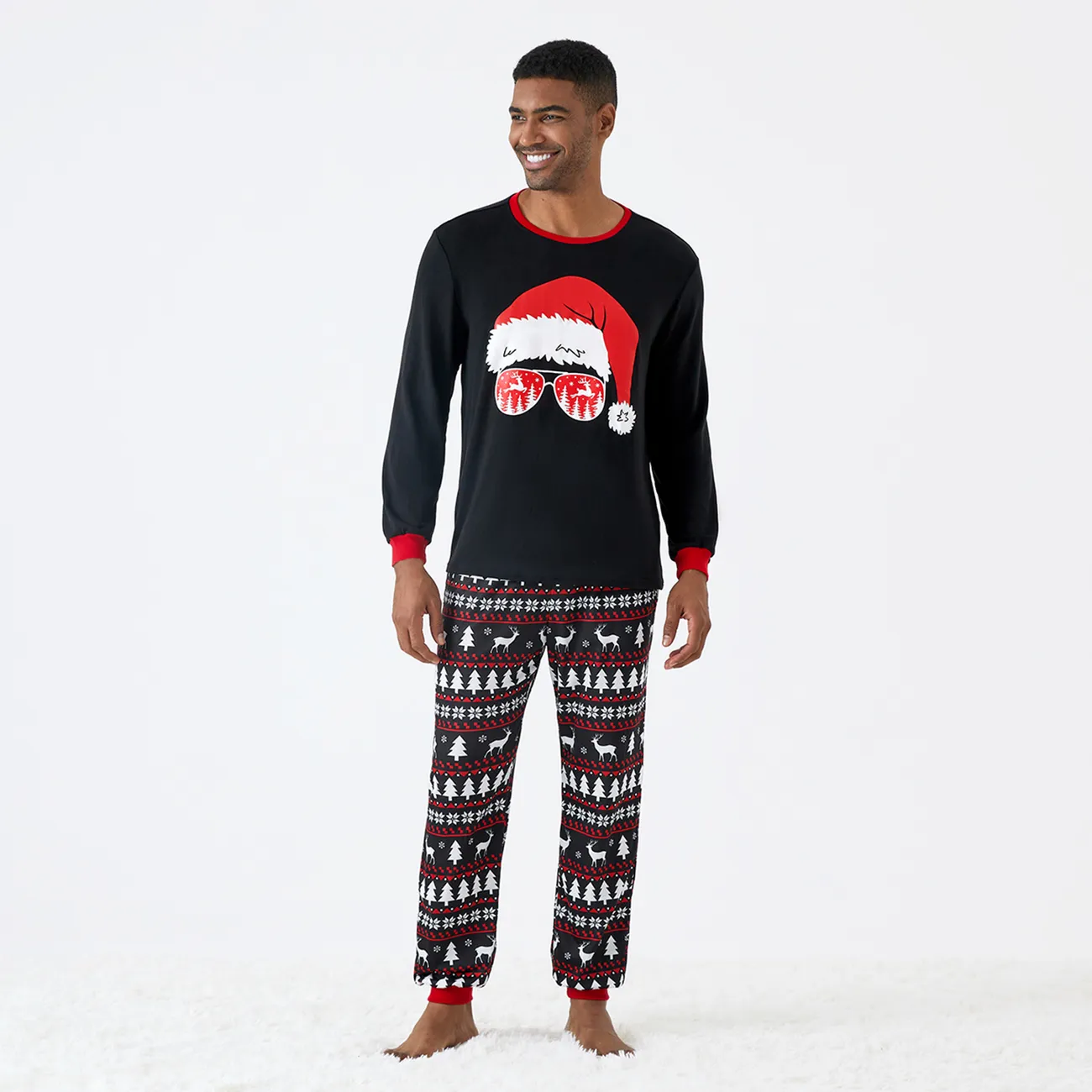 Christmas Family Matching Santa hats and Reindeers Print Long-sleeve Pajamas Sets (Flame Resistant) Black big image 1