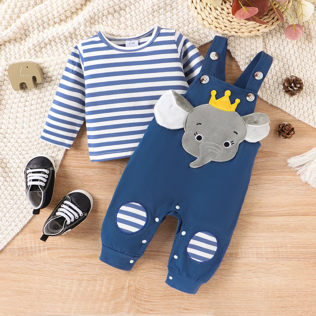 2pcs Baby Boy Elephant and Stripe Pattern Hyper-Tactile 3D Design Set Blue big image 1