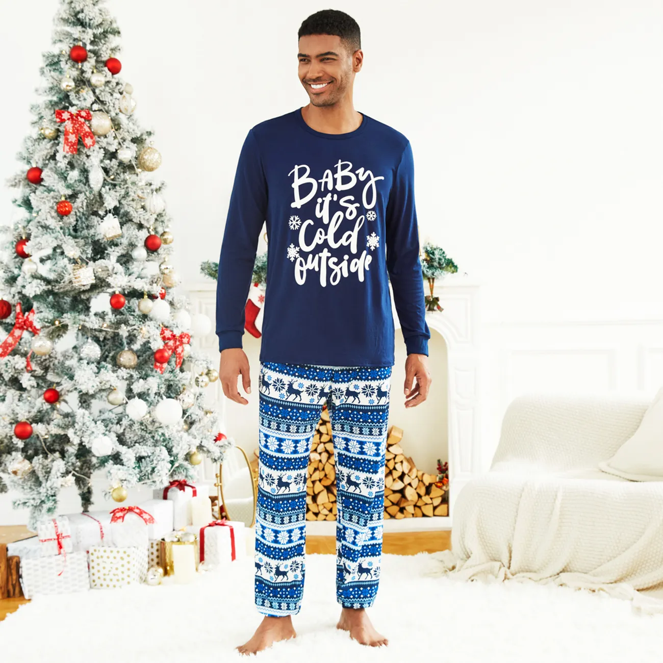 Mosaic Family Matching Letter Top Reindeer Pants Christmas Pajamas Sets (Flame Resistant) Deep Blue big image 1