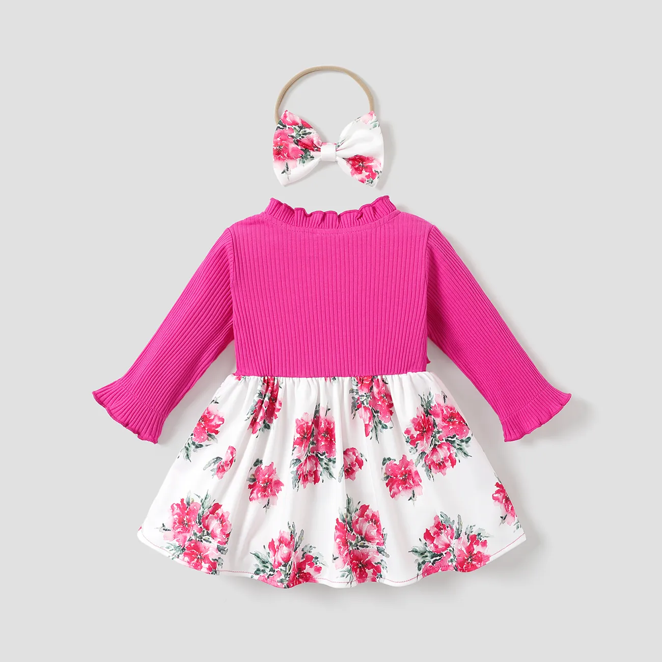 2pcs Baby Girl Frill Ribbed Splicing Floral Print Faux-two Long-sleeve Dress with Headband Set Light Pink big image 1