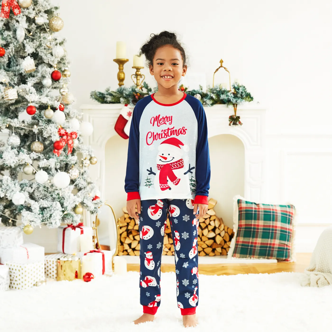 Christmas Snowman & Letter Print Family Matching Raglan-sleeve Pajamas Sets (Flame Resistant) ColorBlock image 6