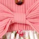2pcs Baby 95% Cotton Ribbed Long-sleeve Ruffle Bowknot Splicing Floral Print Dress with Headband Set Pink