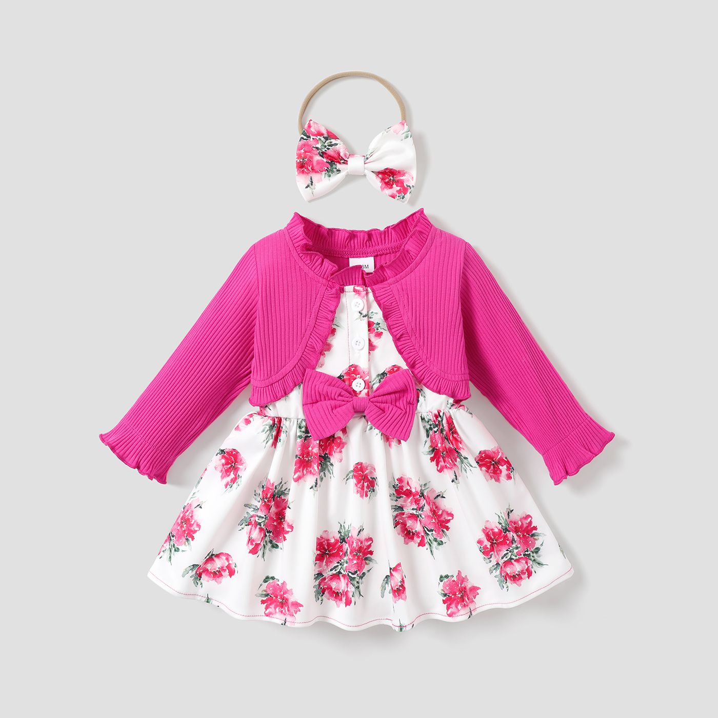 2件 嬰兒 布料拼接 玫瑰 休閒 長袖 連衣裙