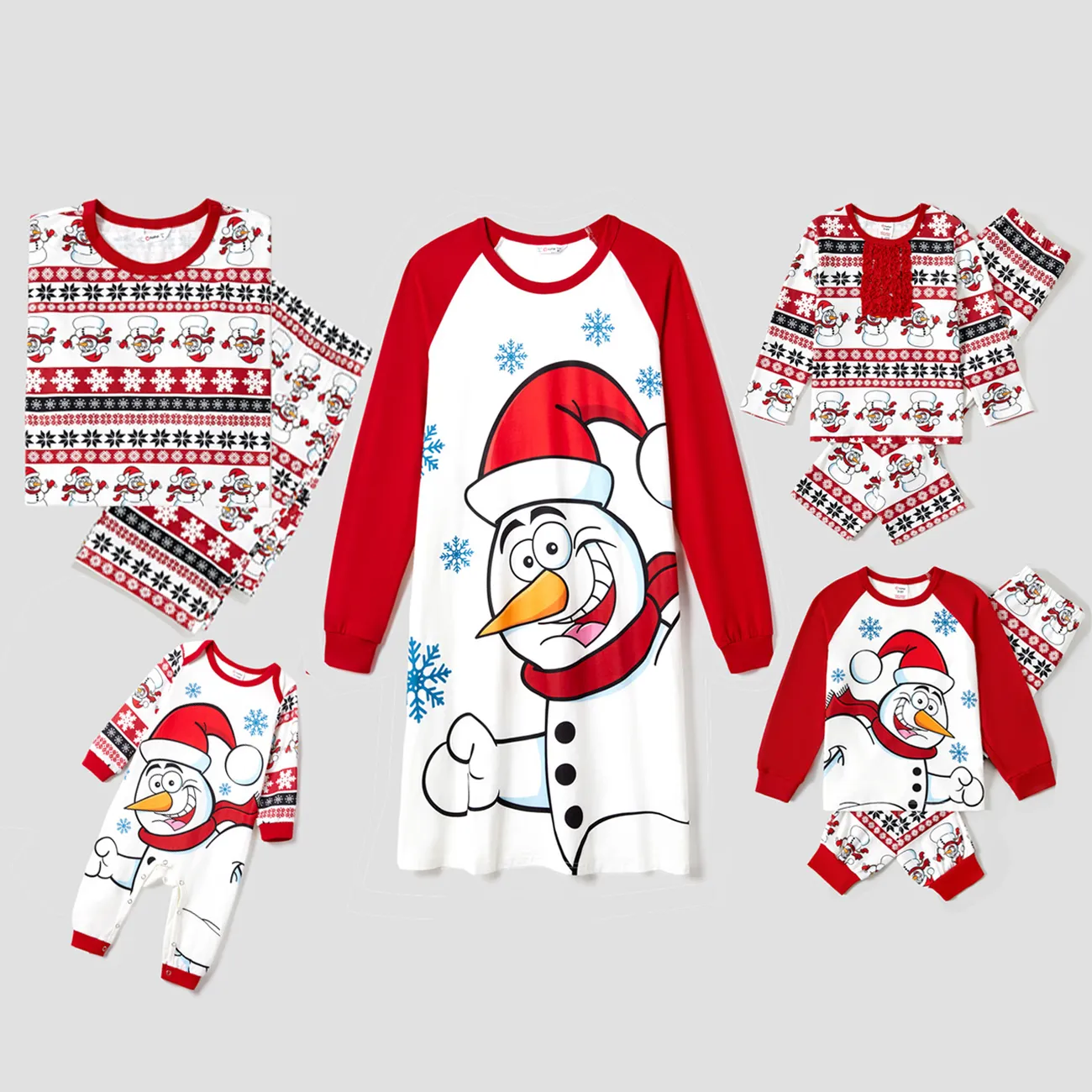 Christmas Snowman Family Matching Pajamas Sets (Flame Resistant) Red big image 1