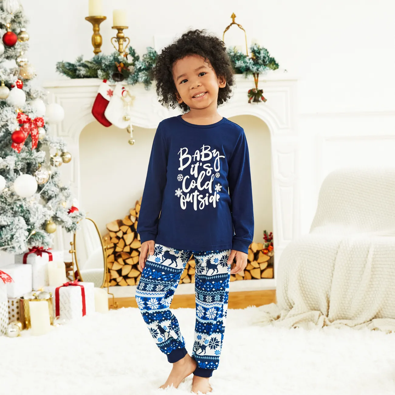 Noël Look Familial Manches longues Tenues de famille assorties Pyjamas (Flame Resistant) Bleu Foncé big image 1