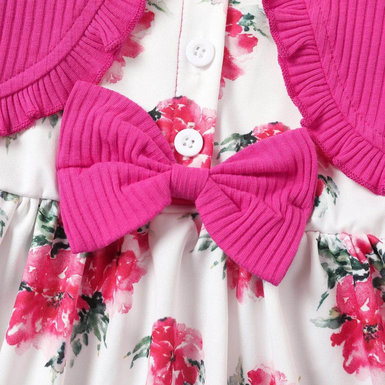 2pcs Baby Girl Frill Ribbed Splicing Floral Print Faux-two Long-sleeve Dress with Headband Set Light Pink big image 1