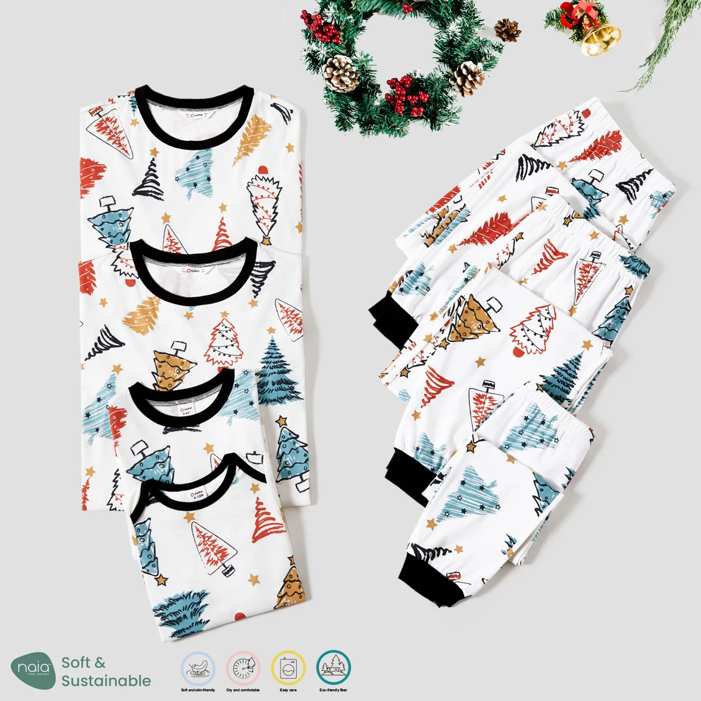 Christmas Family Matching Allover Xmas Tree Print Long-sleeve Naia Pajamas Sets (Flame Resistant) Black big image 1