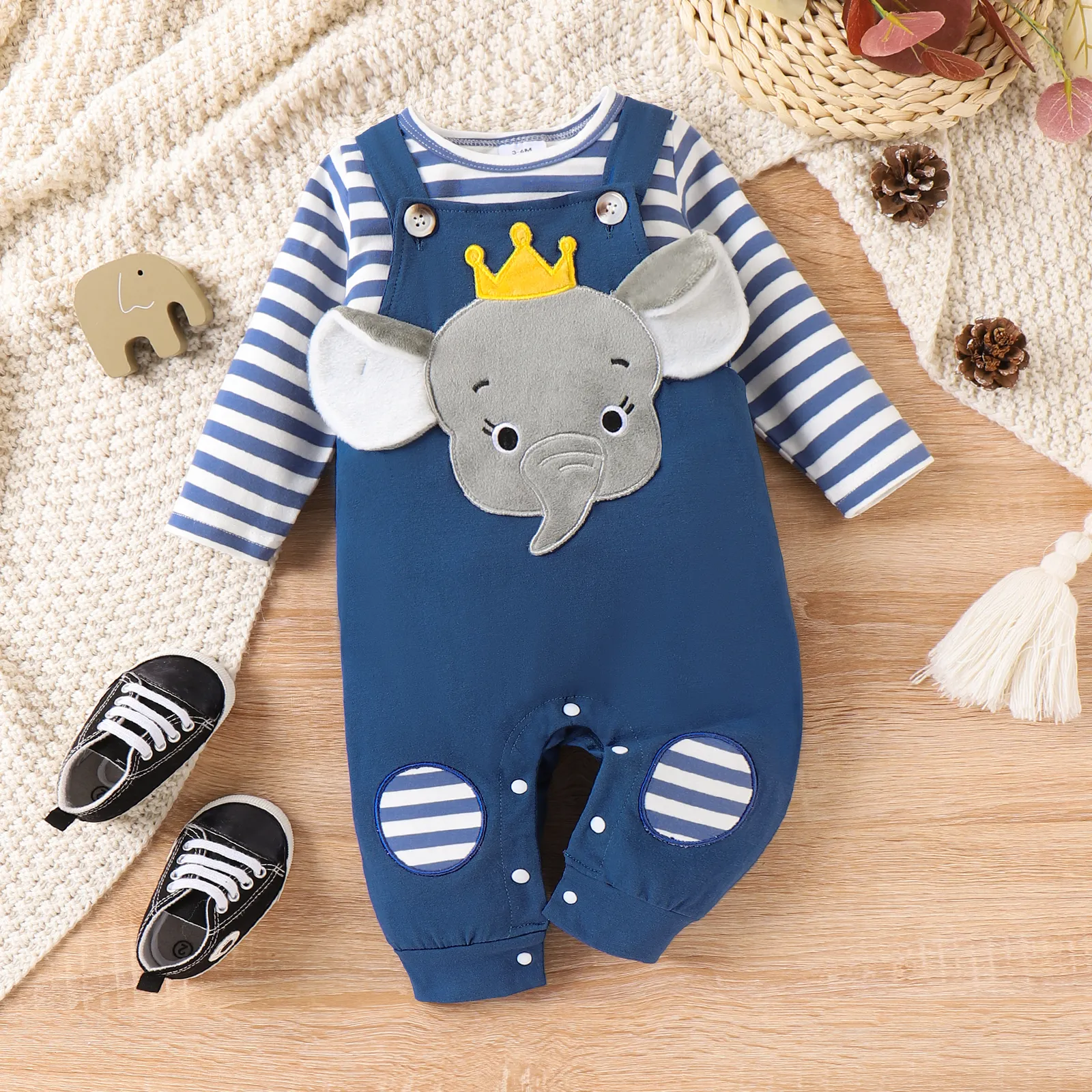 2pcs Baby Boy Elephant and Stripe Pattern Hyper-Tactile 3D Design Set