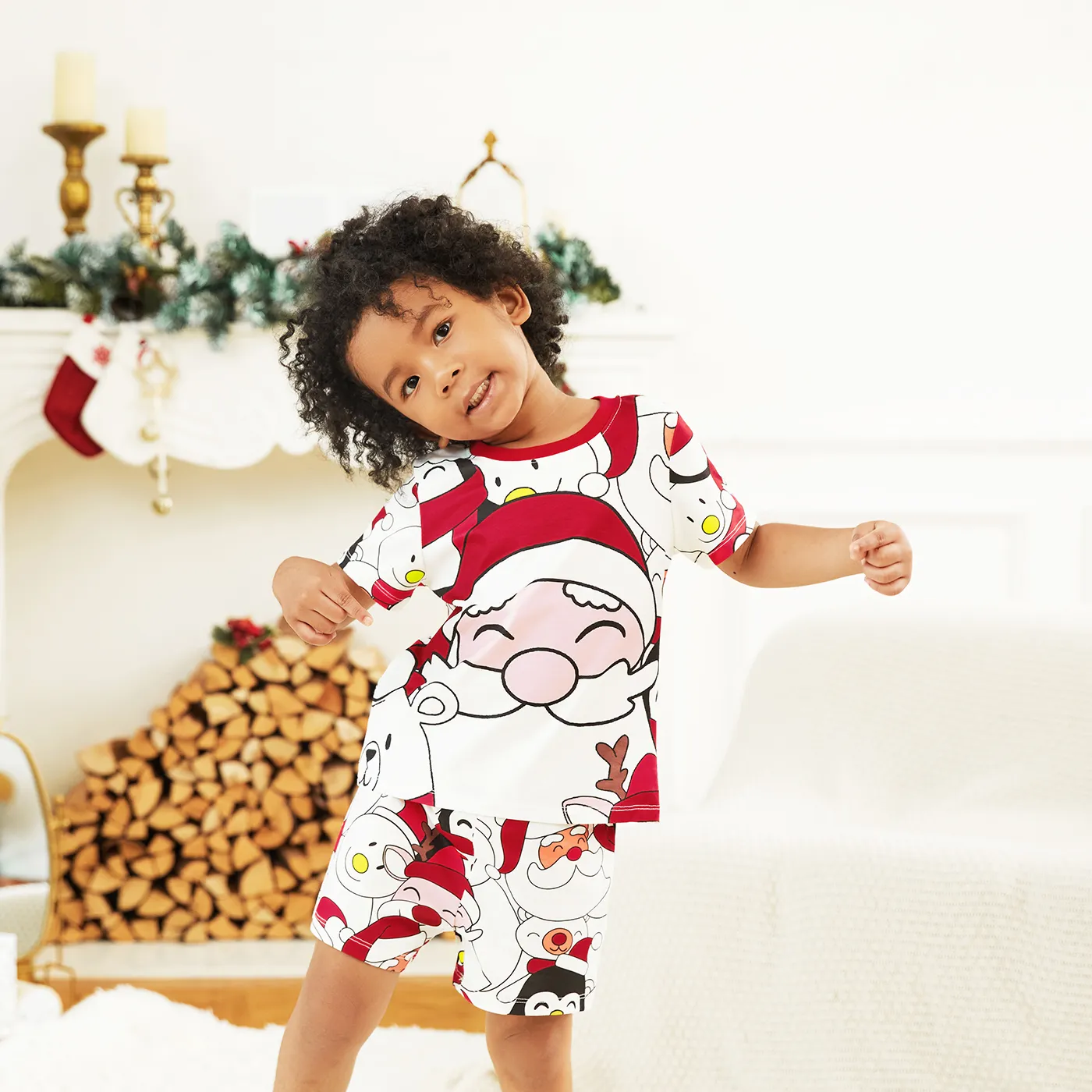 

Christmas Santa and Snowman Print Family Matching Short-sleeve Tops and Shorts Pajamas Sets (Flame Resistant)