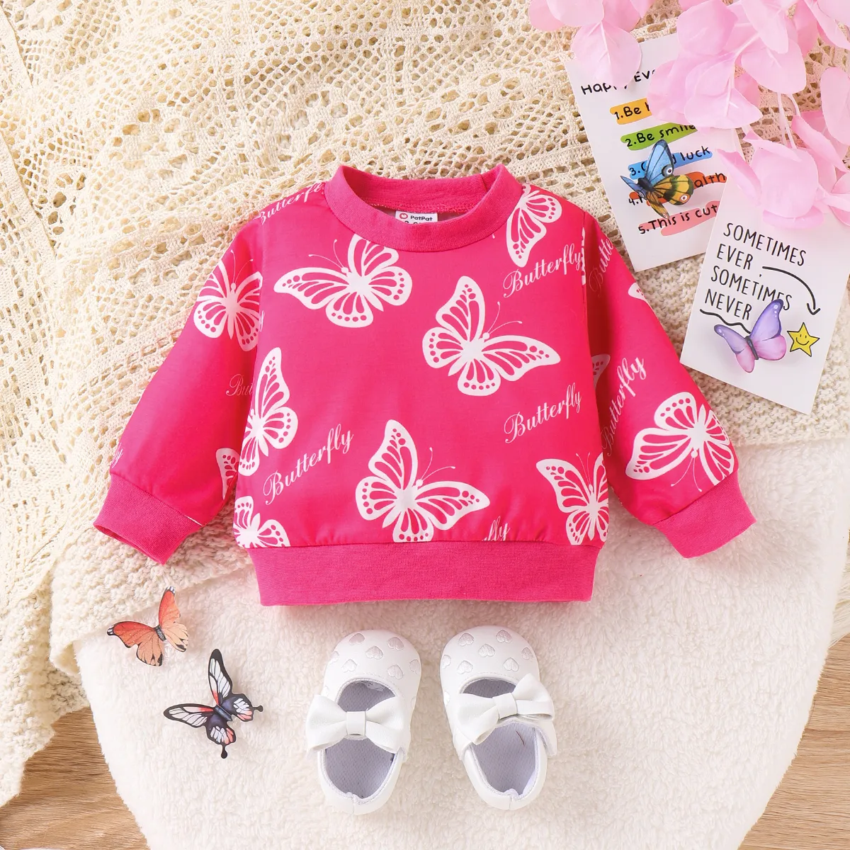 Baby Girl Sweet Butterfly Animal print Pullover Hoodie  Hot Pink big image 1