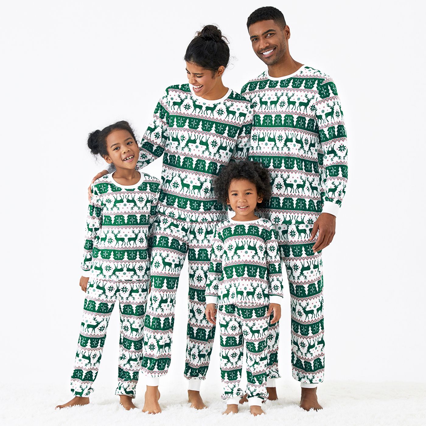 Christmas Family Matching Allover Reindeers Print Long-sleeve Green Pajamas Sets (Flame Resistant)