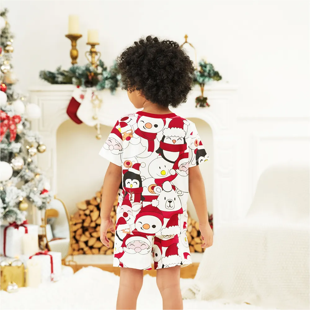 Christmas Santa and Snowman Print Family Matching Short-sleeve Tops and Shorts Pajamas Sets (Flame Resistant)  big image 9