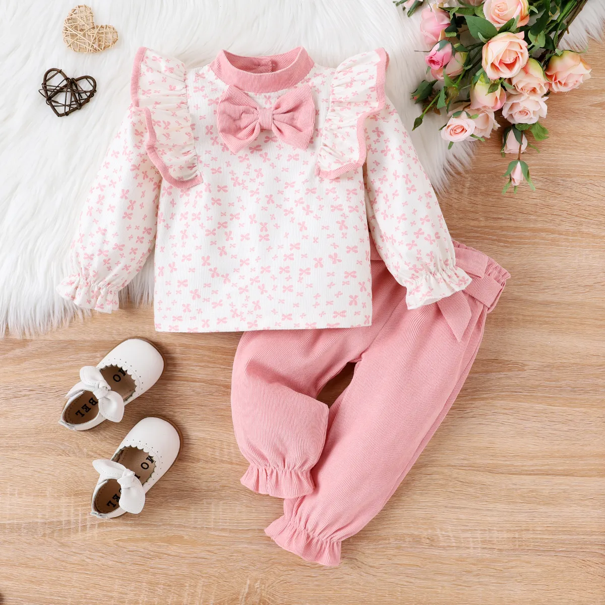 3-Piece Baby Girl Ruffle Edge and Flower Pattern Bowknot design Set  Pink image 2