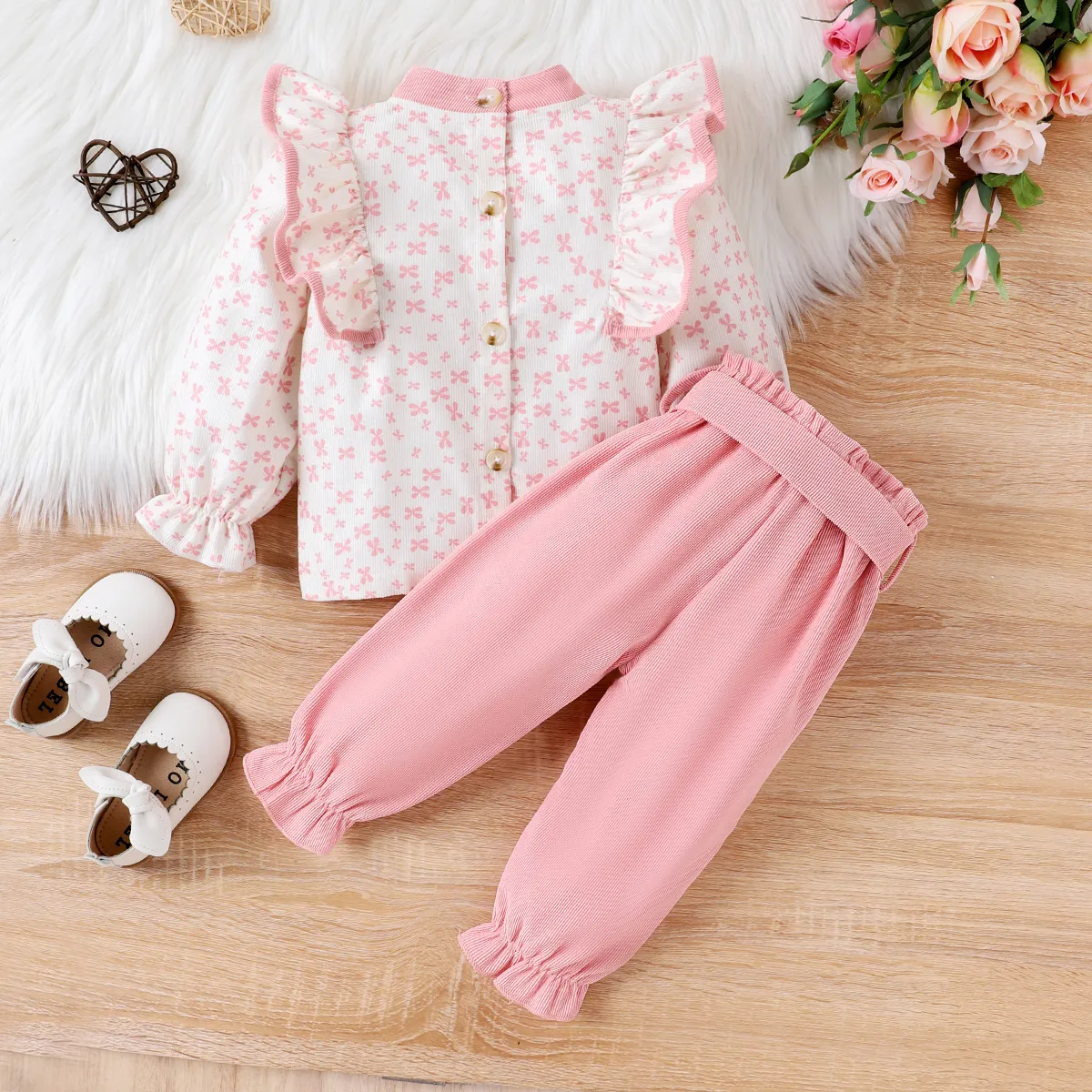 3-Piece Baby Girl Ruffle Edge and Flower Pattern Bowknot design Set  Pink image 3