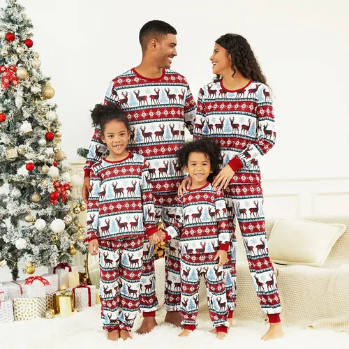 Christmas Allover Reindeer and Snowflake Print Family Matching Pajamas Sets (Flame Resistant)