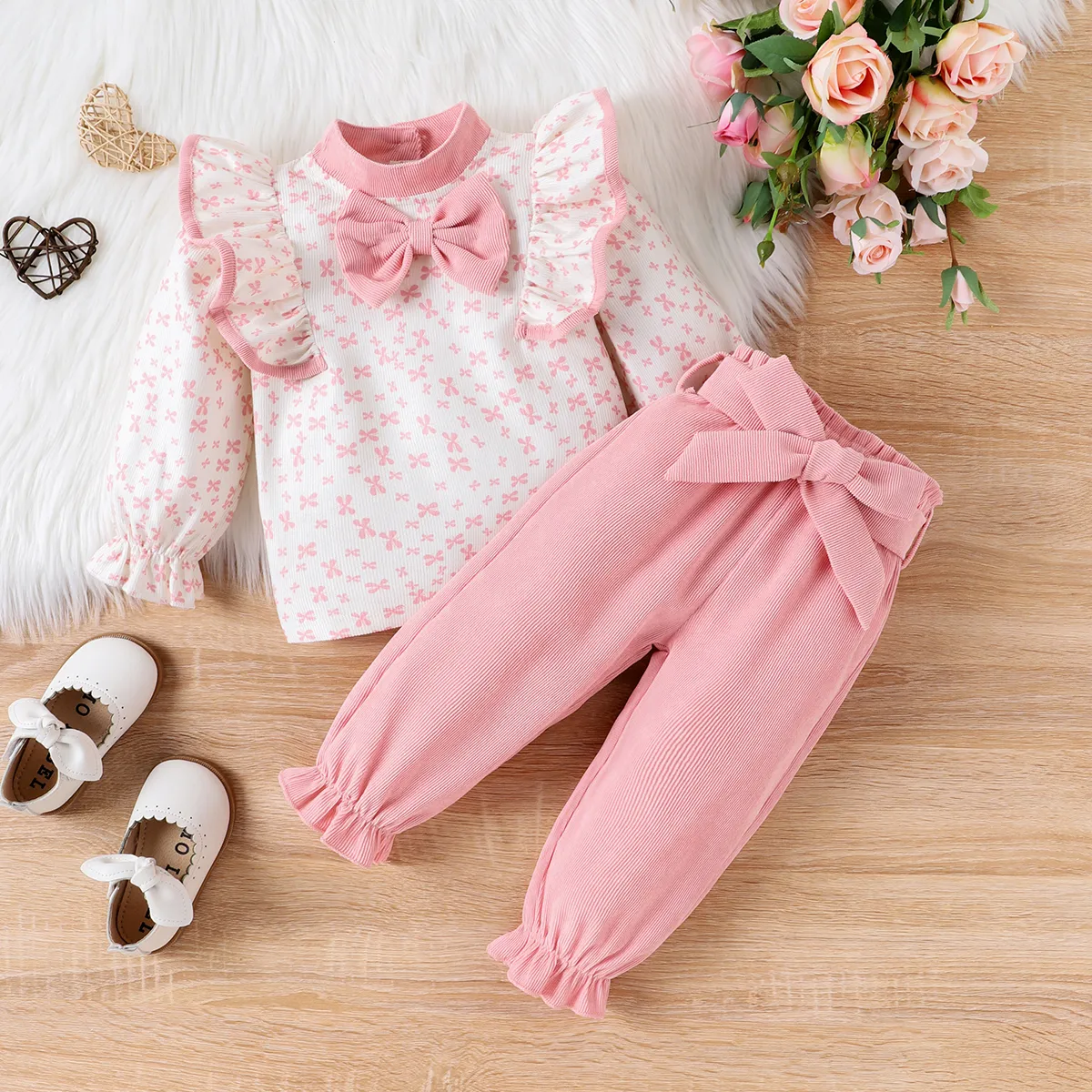 3-Piece Baby Girl Ruffle Edge and Flower Pattern Bowknot design Set  Pink big image 1