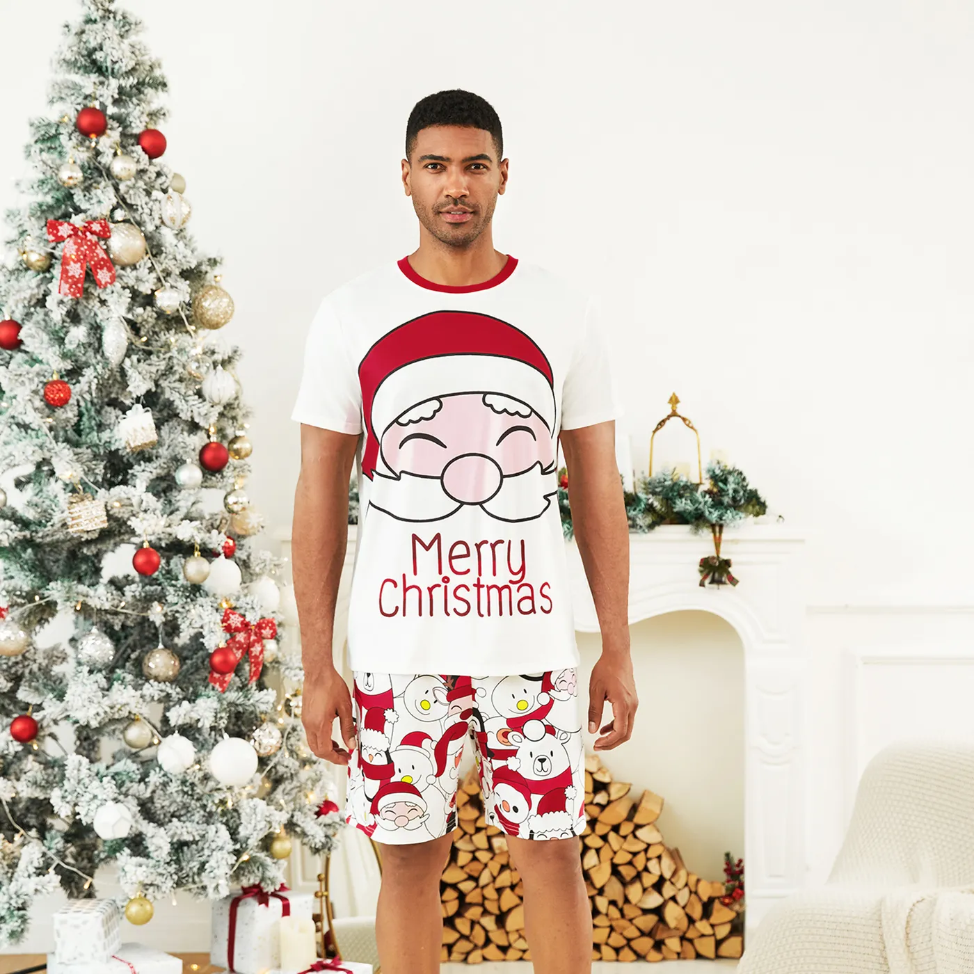 Christmas Santa and Snowman Print Family Matching Short-sleeve Tops and Shorts Pajamas Sets (Flame Resistant)  big image 19
