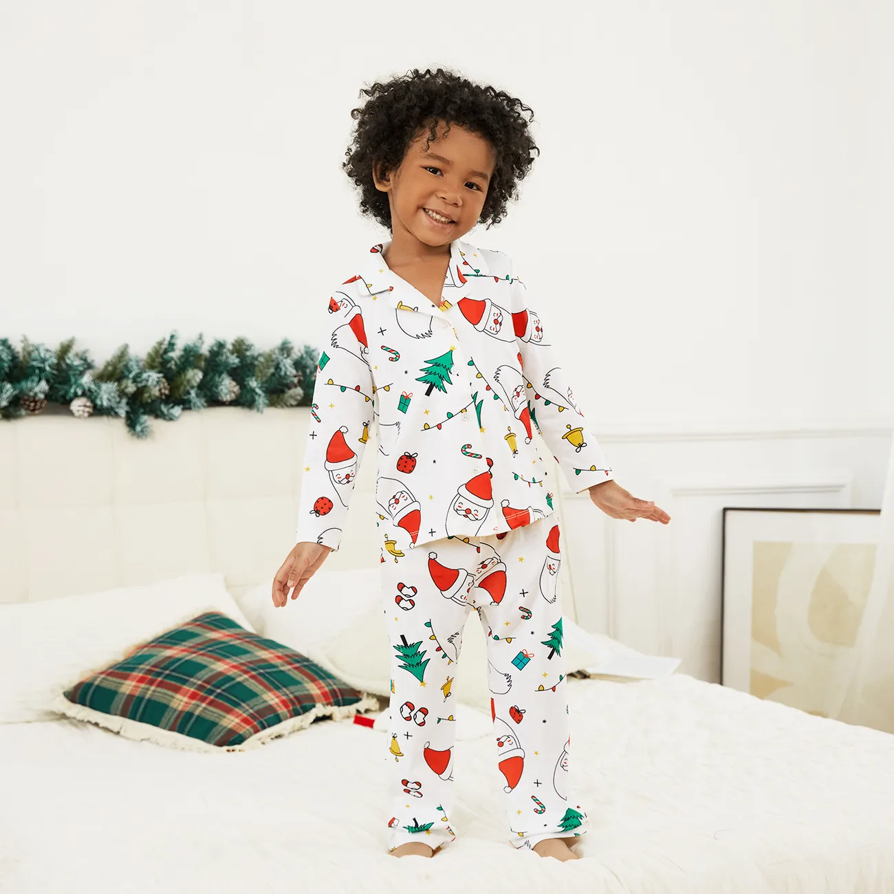 Christmas Family Matching Colorful Festival Theme Print Long Sleeve Pajamas Sets(Flame resistant) White big image 1