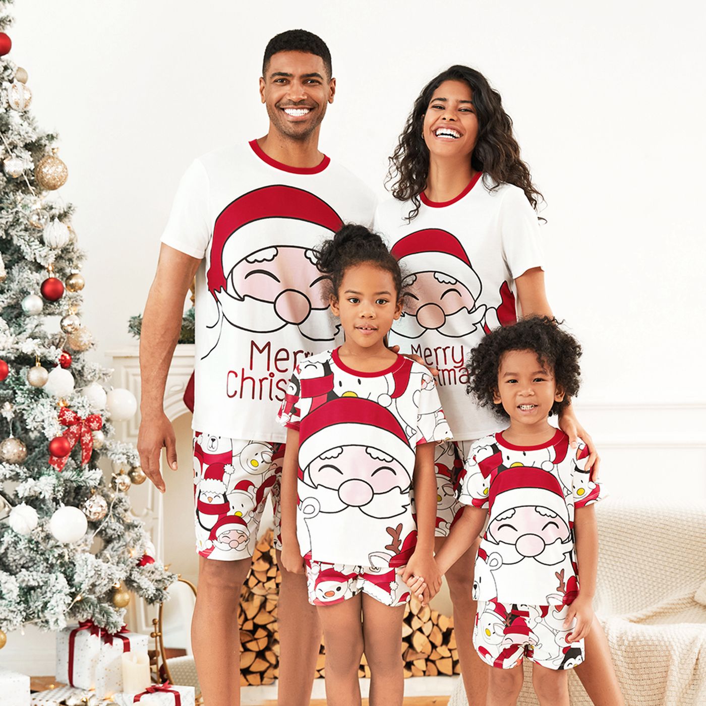 Christmas Santa And Snowman Print Family Matching Short-sleeve Tops And Shorts Pajamas Sets (Flame Resistant)