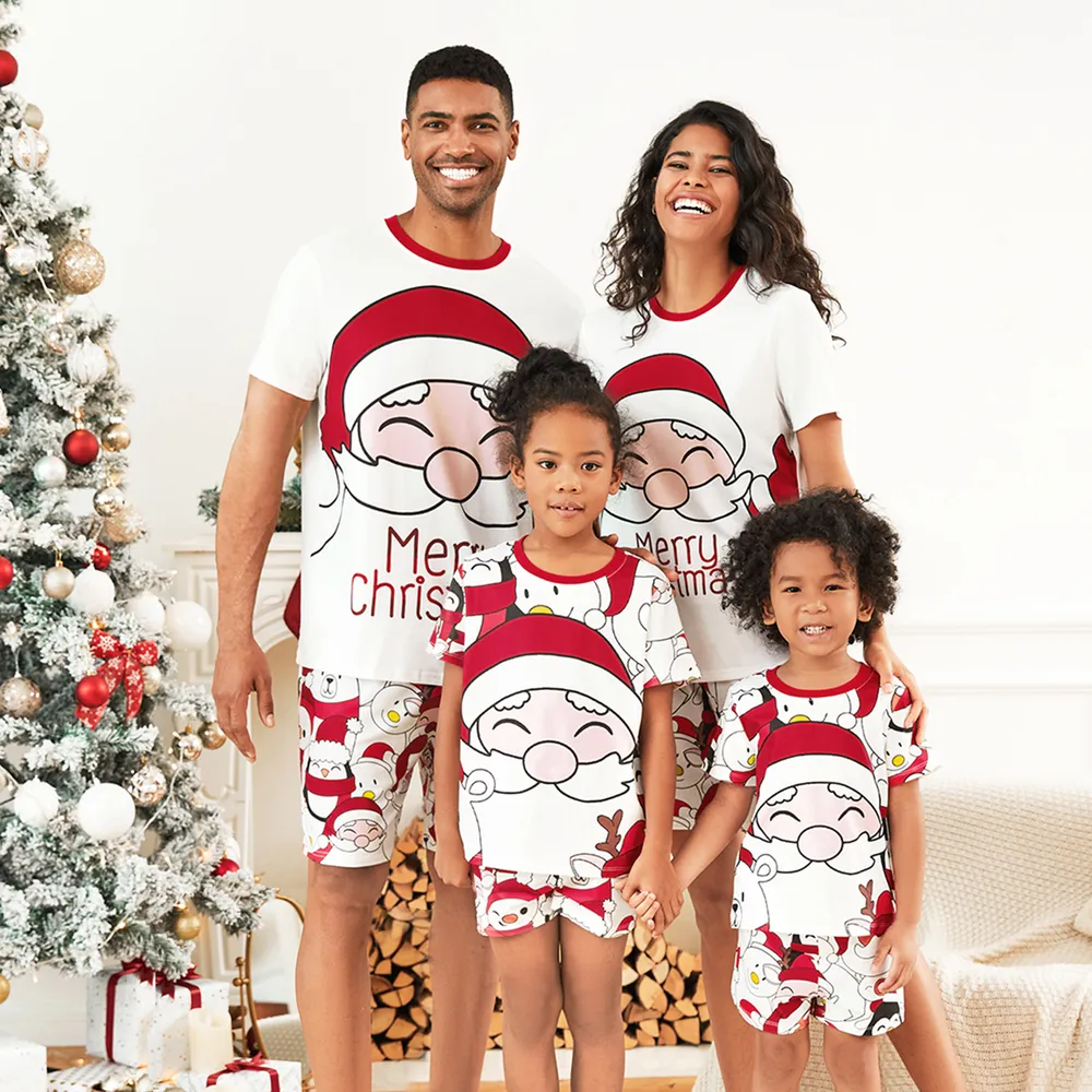 Christmas Santa and Snowman Print Family Matching Short-sleeve Tops and Shorts Pajamas Sets (Flame Resistant)  big image 2
