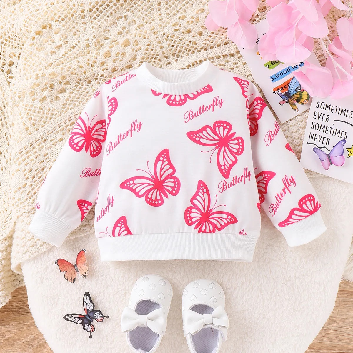 Baby Girl Sweet Butterfly Animal print Pullover Hoodie  White big image 1