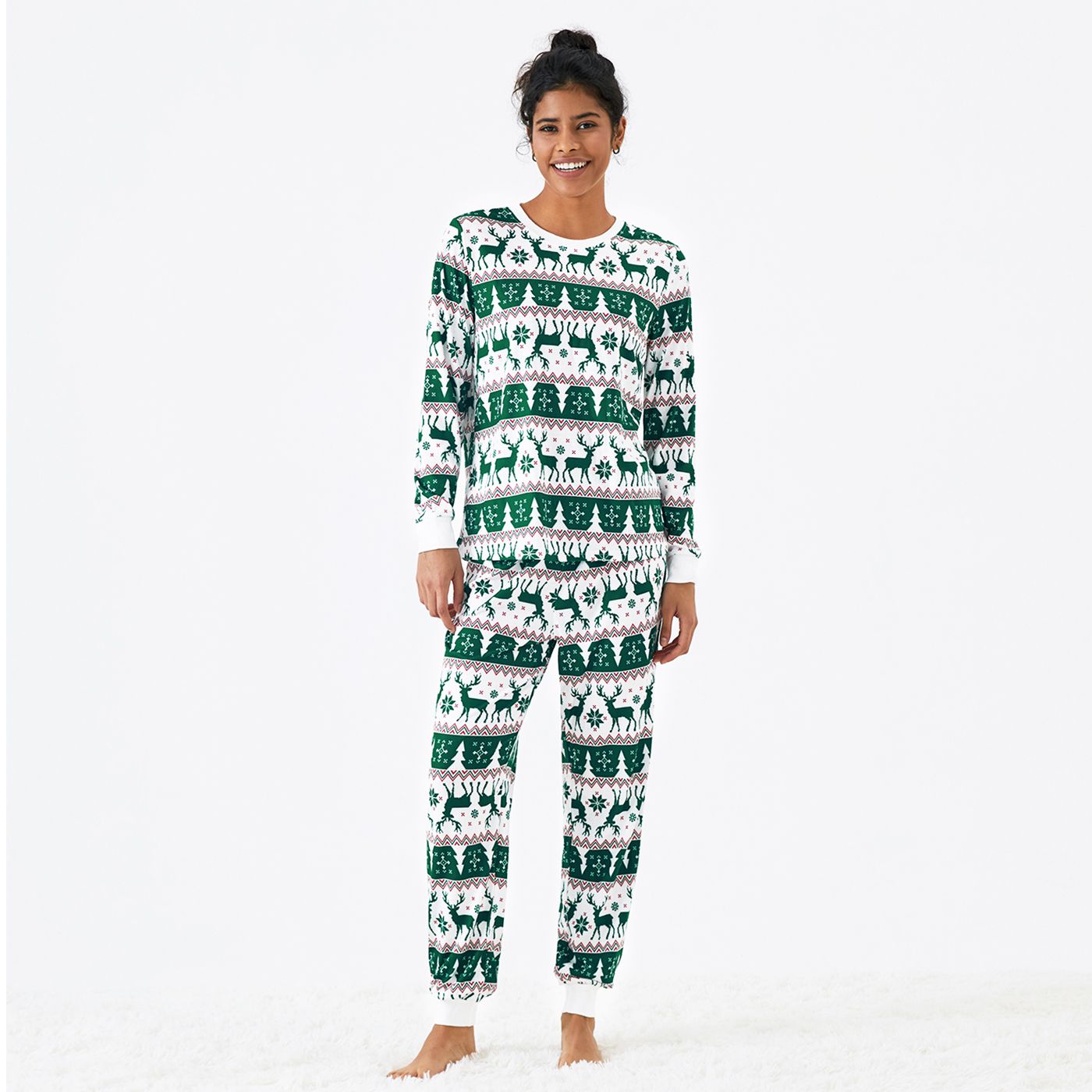 Christmas Family Matching Allover Reindeers Print Long-sleeve Green Pajamas Sets (Flame Resistant)