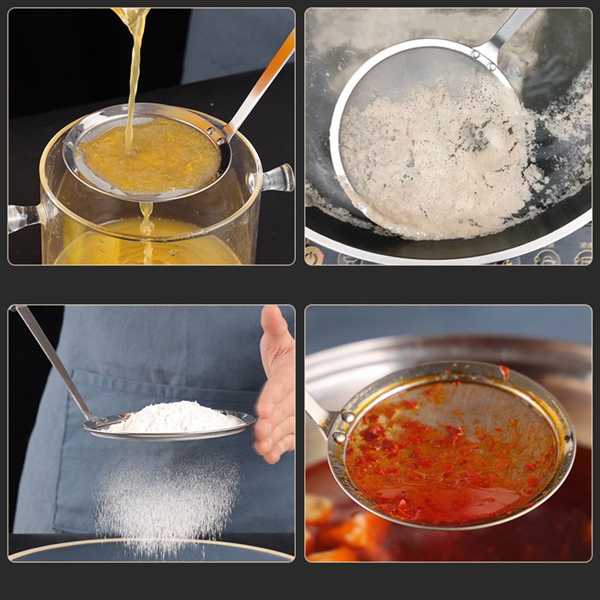 不鏽鋼撇渣器勺，帶過濾器，用於榨汁、豆漿、油炸和泡沫製造
