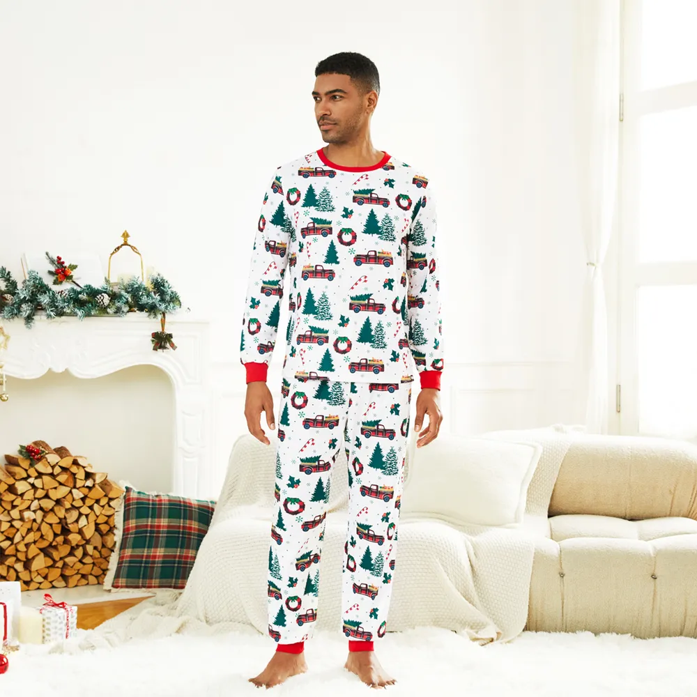 Christmas Family Matching Allover Xmas Tree & Car Print Long-sleeve Pajamas Sets (Flame Resistant)  big image 17