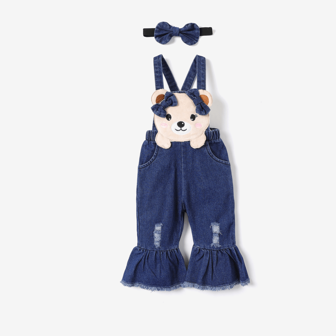 Baby Girl Ruffled Rib-knit Top And Denim 3D Bear Pattern Flared Overalls Set