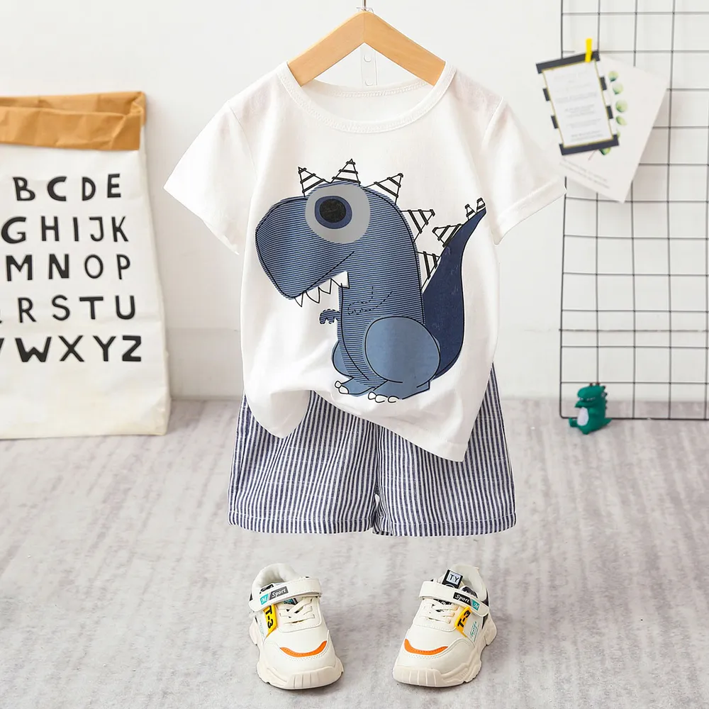 2pcs Baby Boy Cartoon Dinosaur Print Short-sleeve T-shirt and Pinstriped Shorts Set  big image 6
