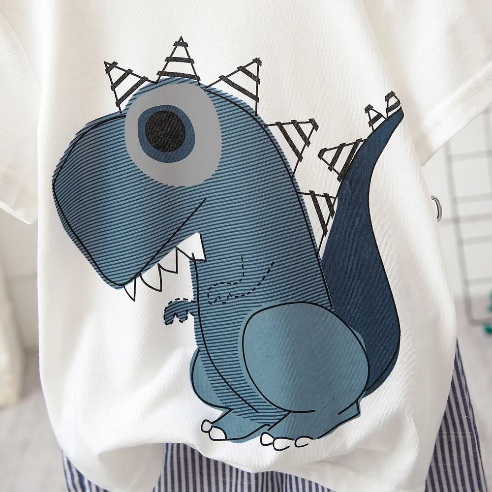 2pcs Baby Boy Cartoon Dinosaur Print Short-sleeve T-shirt and Pinstriped Shorts Set  big image 3