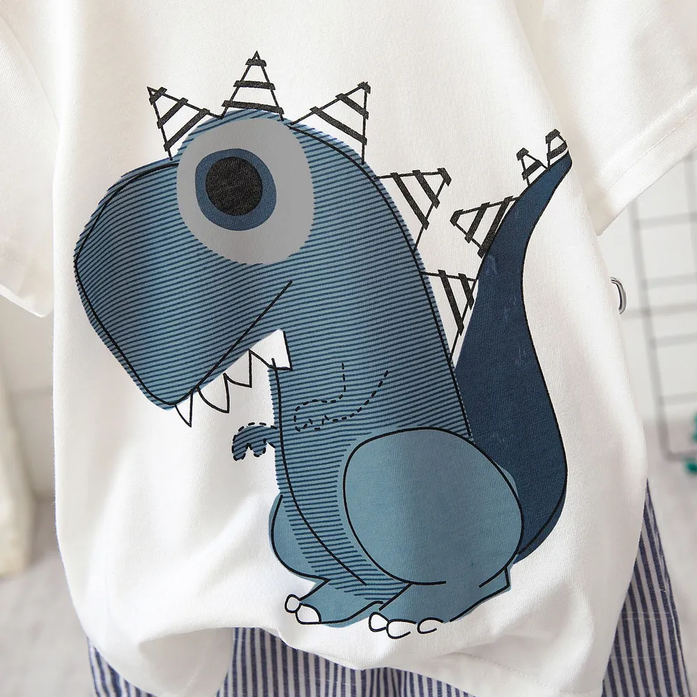 2pcs Baby Boy Cartoon Dinosaur Print Short-sleeve T-shirt and Pinstriped Shorts Set big image 3