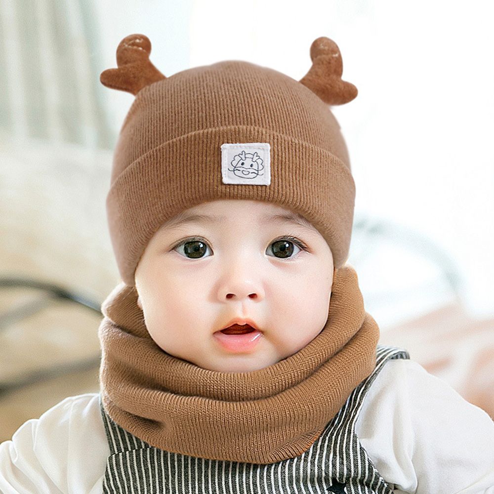 Baby Childlike Knitted Woolen Hat And Scarf Set With Small Antlers Shape
