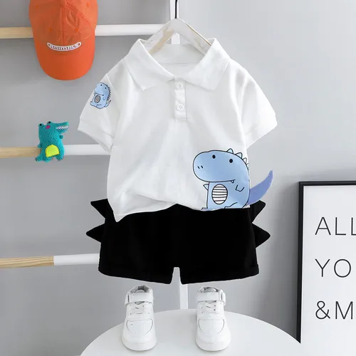 2pcs Toddler Boy Casual Dinosaur Print Polo Shirt & Spike Design Shorts Set