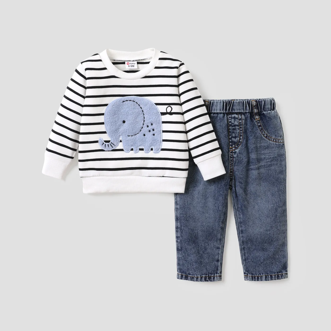 2pcs Baby Boy 95% Cotton Long-sleeve Elephant Embroidered Striped Sweatshirt & Denim Jeans Set