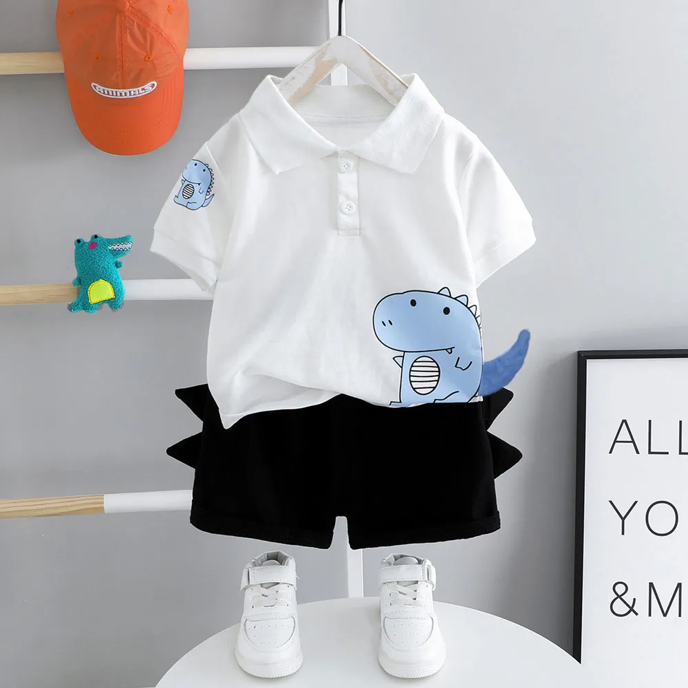 2pcs Toddler Boy Casual Dinosaur Print Polo Shirt & Spike Design Shorts Set  big image 1