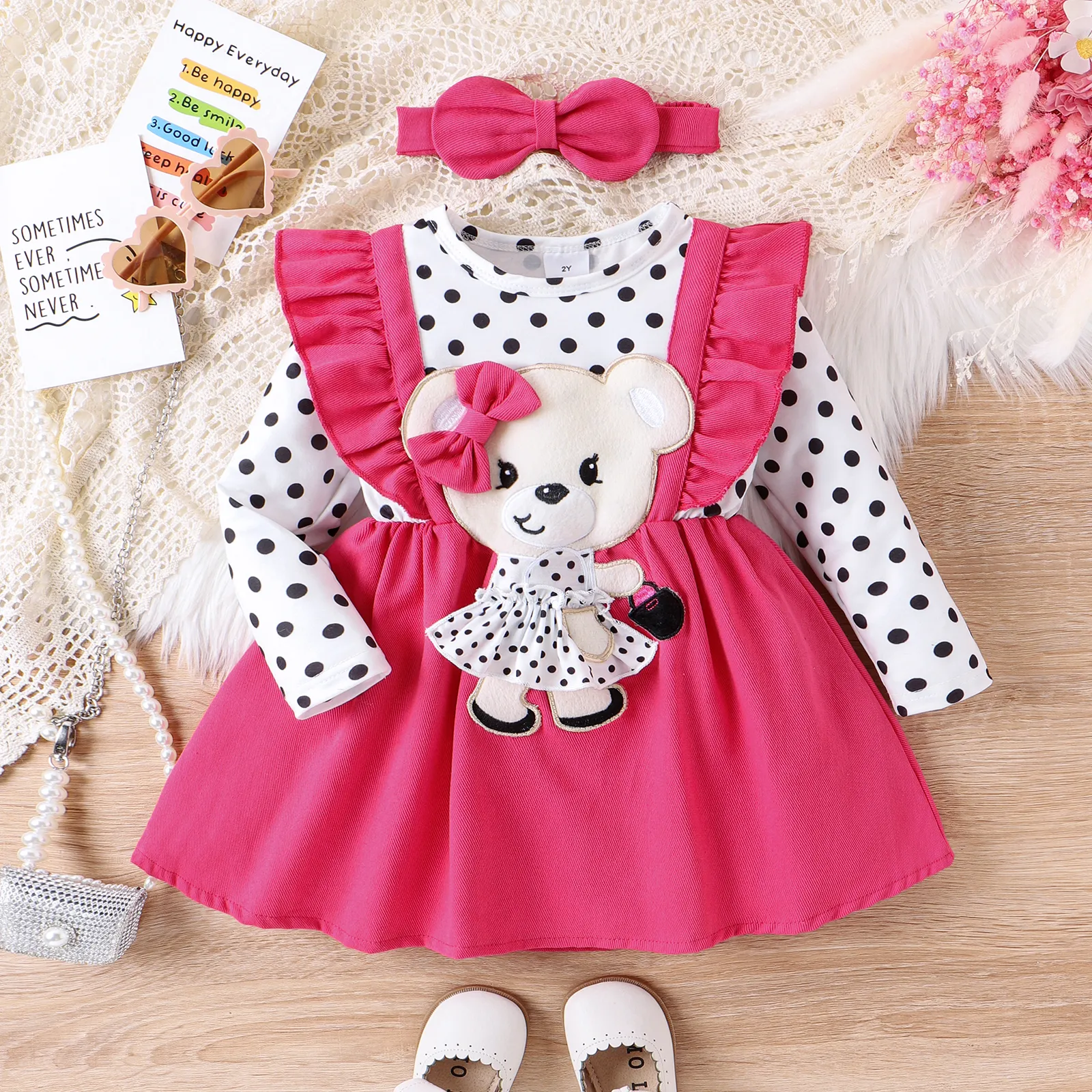 2pcs Toddler Girl Bear Graphic Ruffle Trim Long-sleeve Dress & Headband Set