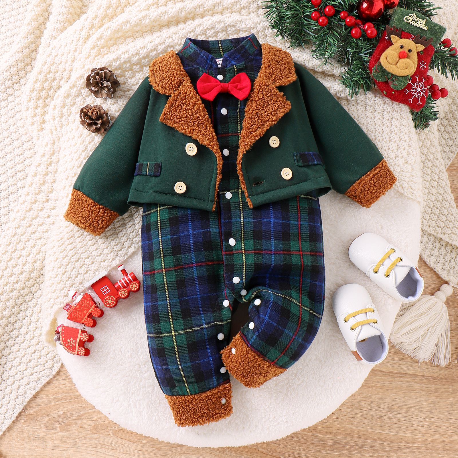 Christmas Baby Boys Grid Long Sleeve Casual One-Piece Jumpsuit
