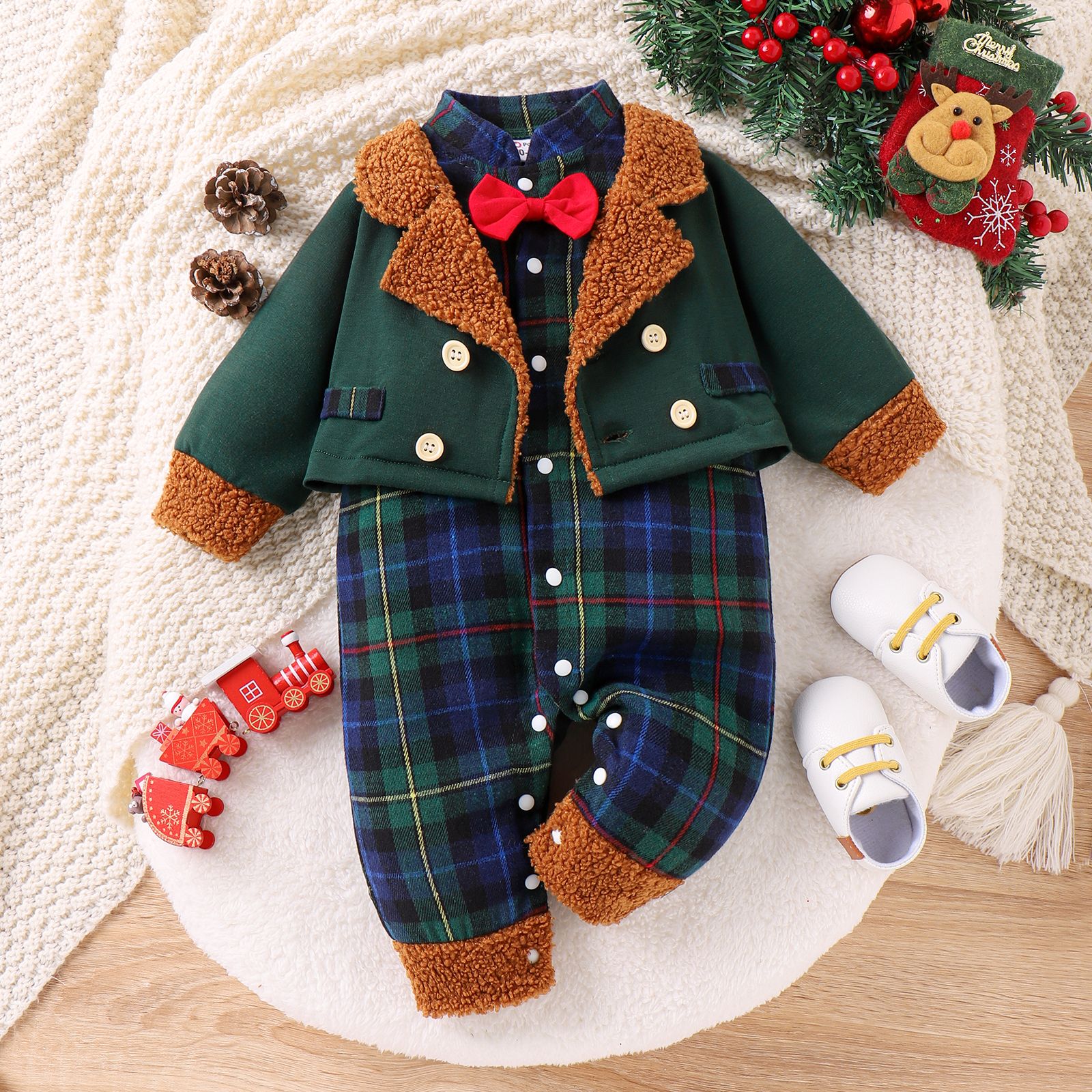 

Christmas Baby Boys Grid Long Sleeve Casual One-Piece Jumpsuit