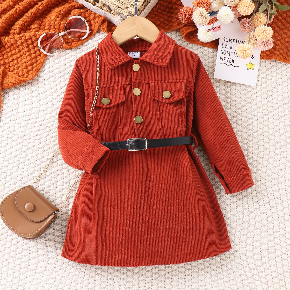 2pcs Toddler Girl Solid Color Avant-garde Lapel Dress With Belt