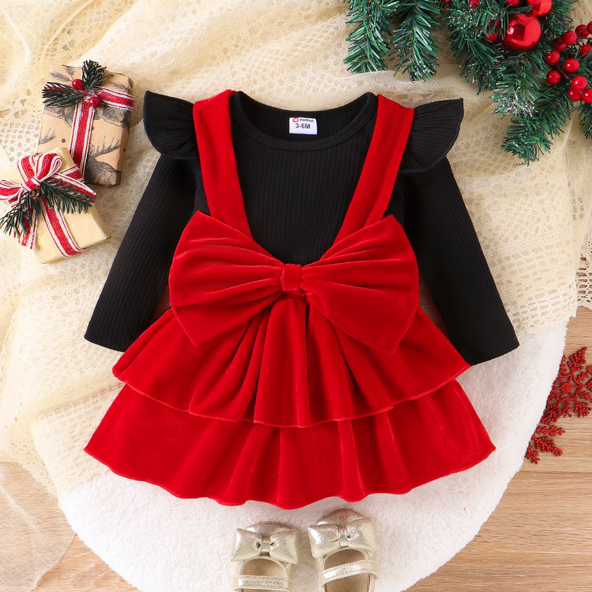 Christmas 2Pcs Baby Girl Solid Color Hyper-Tactile Solid Color 95% Cotton Long Sleeve Suit Dress