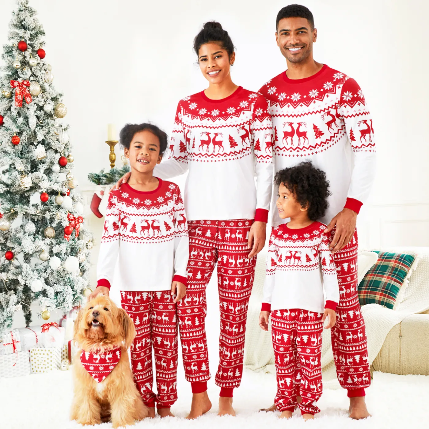 Christmas Reindeer and Snowflake Print Family Matching Pajamas Sets (Flame Resistant)