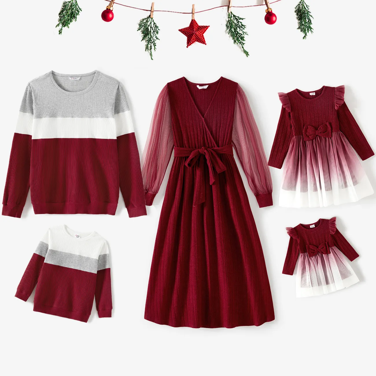Family Matching Color-block Tops and Flutter Mesh Dresses Sets big image 1